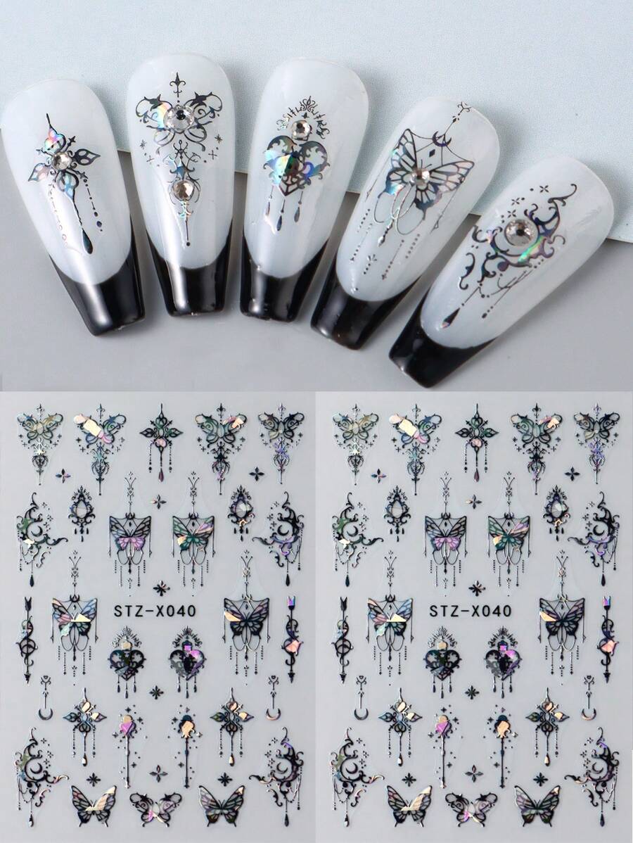 2片激光蝴蝶美甲贴纸 全息黑色珠宝蝴蝶自粘滑块 3D美甲贴花装饰美甲贴片 美甲设计美甲技巧 朋友礼物 DIY美甲用品 - 黑色 - 查看 1