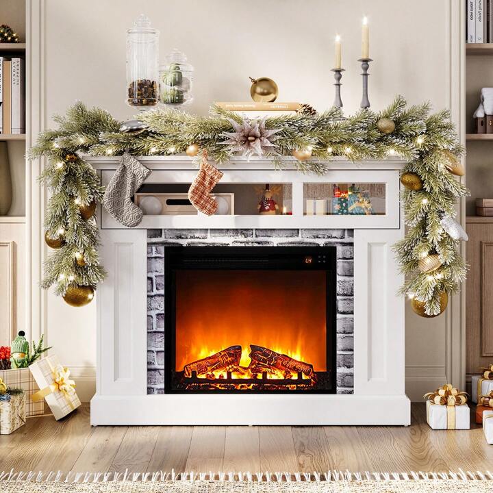 LINSY HOME Electric Fireplace Mantel, LED Faux Fireplace Heater with Remote  Control u0026 Adjustable Flame, Wooden Surround Firebox TV Console Table Free  Standing Built-in Cabinet with Sliding Glass Door | SHEIN USA