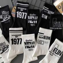 5pairs Men's Mid-calf Black Socks, Suitable For Autumn And Winter, Sailors Socks, Deodorant, Versatile, American Sports Letter Design, High Tube Socks For Boys, Ins Style, All-season Wear