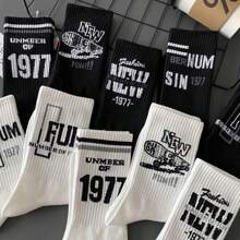 5pairs Men's Mid-calf Black Socks, Suitable For Autumn And Winter, Sailors Socks, Deodorant, Versatile, American Sports Letter Design, High Tube Socks For Boys, Ins Style, All-season Wear