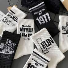 5pairs Men's Mid-calf Black Socks, Suitable For Autumn And Winter, Sailors Socks, Deodorant, Versatile, American Sports Letter Design, High Tube Socks For Boys, Ins Style, All-season Wear