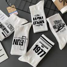 5pairs Men's Mid-calf Black Socks, Suitable For Autumn And Winter, Sailors Socks, Deodorant, Versatile, American Sports Letter Design, High Tube Socks For Boys, Ins Style, All-season Wear