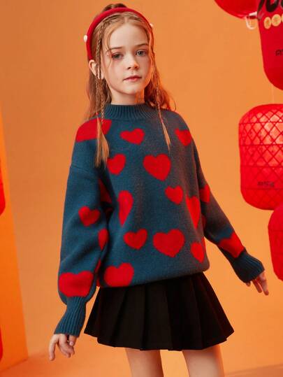 少女時尚心形印花針織毛衣,適用於秋冬休閒穿著