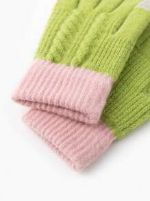 1pair Ladies' Simple Style Color Block Warm Gloves, Suitable For Autumn And Winter Outdoor Activities - Green - View 3