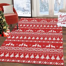 Washable Christmas Area Rug Christmas Tree Deer Print Boho Area Rugs Holiday Decorative Carpet Rug Velvet Foldable Coffee Table Accent Rug Farmhouse Dining Table Rug Home Decor Mat Non Slip Large Throw Rugs Small Indoor Door Mat For Laundry Bathroom Kitchen - Red - View 2