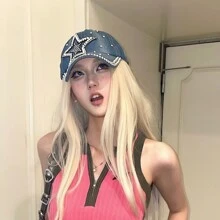 Mũ lưỡi trai phong cách Kpop Y2K màu xanh dương, mũ thời trang hip hop, quà tặng sinh nhật cho cặp đôi, mũ nữ, mũ lưỡi trai đính ngọc trai giả và đá ngôi sao. - Màu xanh lam - Xem 8