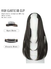 22 Inch/55cm Invisible V-Shaped Long Straight Wig For Women, With Long Curly Hair Extension Piece, Built-In Clips For Natural Looking Hair Integration - Black-brown - View 5