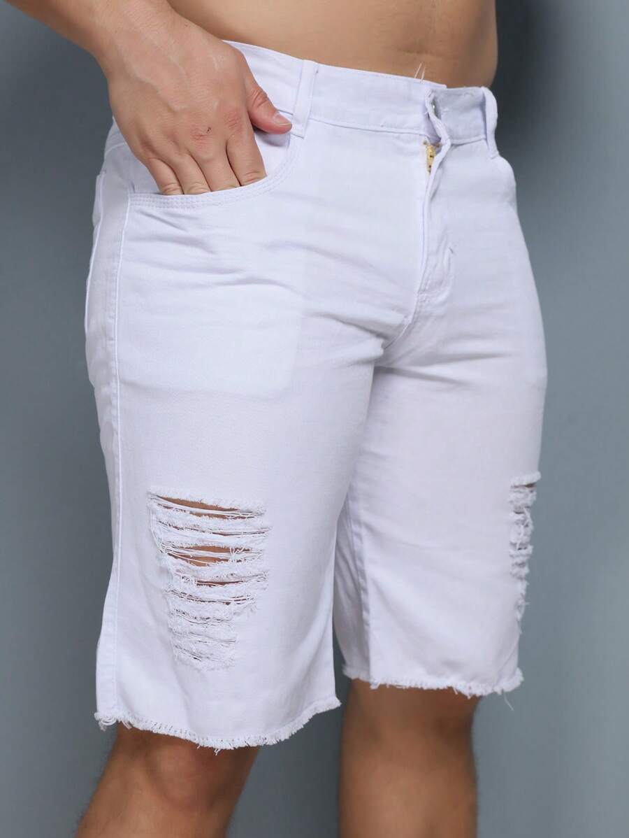 Men Denim Shorts - 白色 - 查看 1