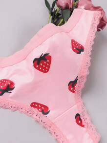 Morvia 3pcs Women Sexy Cute Contrast Lace Trim Heart & Cherry & Strawberry Pattern Thong