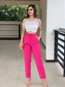 Pantalón de Vestir con Pinzas, Estilo Entubado y Tiro Alto - Ideal para la Oficina - Rosa Fucsia - Ver 3