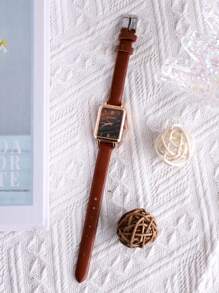1 Pieza Reloj Cuadrado Vintage De Cuarzo Con Pila Seca Y Correa De Pu, Adecuado Para Uso Diario - Marrón - Ver 2