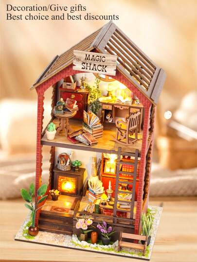 1 Set Kit de Casa de Muñecas DIY, Juego de Mini Casa con Muebles, Escala 1:24, Rompecabezas de Madera 3D Creativo como Decoración de Estantería, Regalo de Cumpleaños, Librería Mágica con Luces LED, Requiere 2 Pilas AA (Pilas no Incluidas)