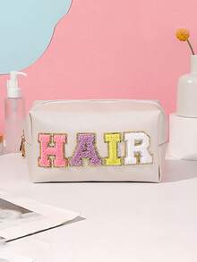 1pc Beige Makeup Bag With 'hair' Embroidery - Beige - View 2