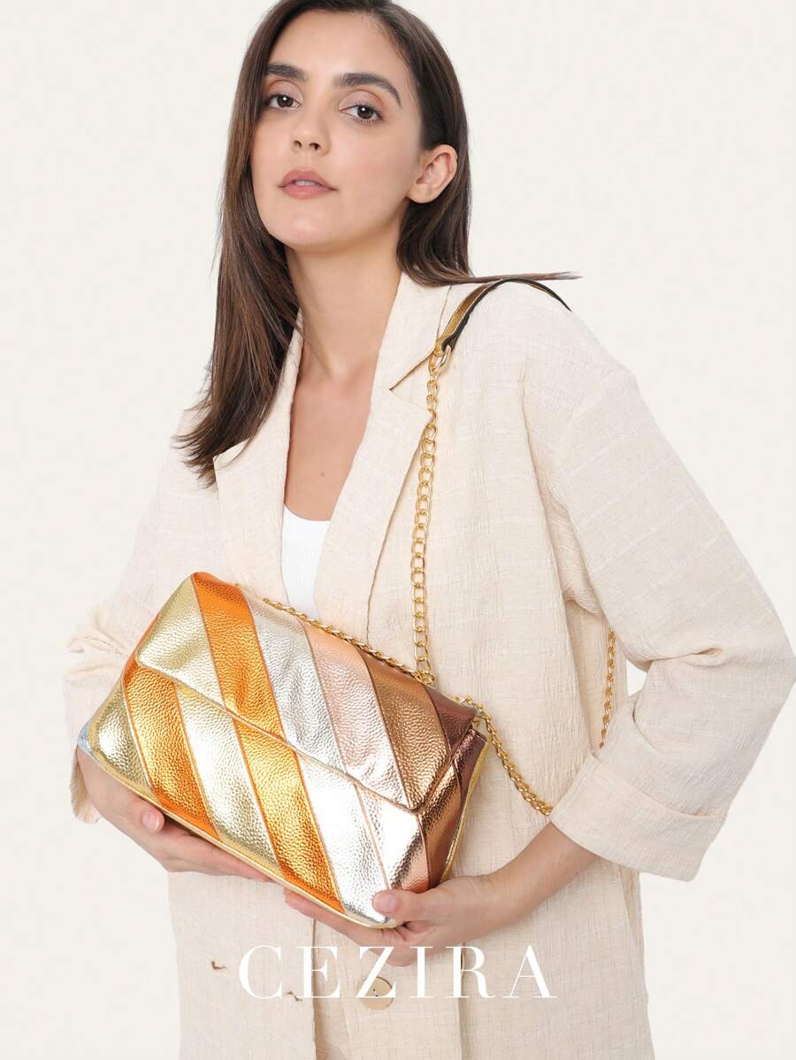 CEZIRA 翻蓋多色拼貼方形手提包小鏈條斜肩包錢包