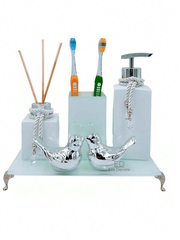 Kit Lavabo Banheiro Luxo Branco com Bandeja Porta Escova e Passarinhos