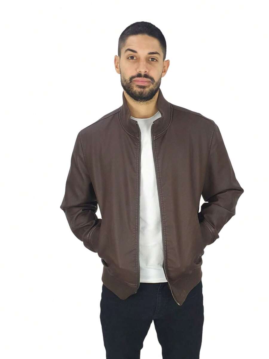 HPC POLO Men's Vinyl Leather Bomber Jacket CASUAL - Coffee Brown - View 1