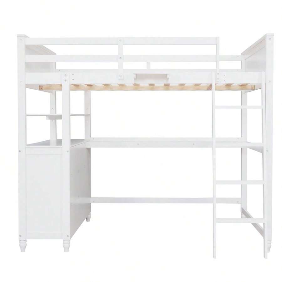 Loft Bed with Drawers and Desk, Loft Bed Full Size with Shelves, Wooden