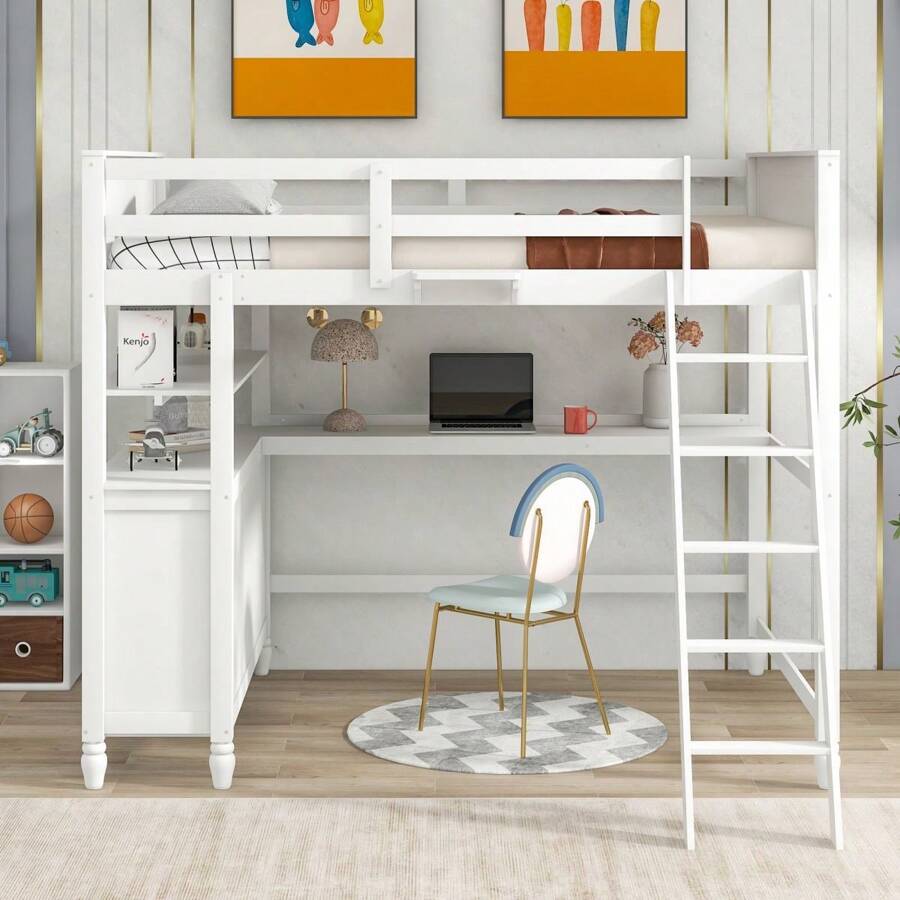 Loft Bed with Drawers and Desk, Loft Bed Full Size with Shelves, Wooden