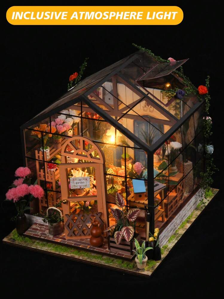 一套木制DIY娃娃屋套件，组装式微型模型屋，微型温室模型套件，1:24比例，DIY工艺品/生日礼物/家居装饰，送给家人和朋友的礼物（不含电池） - 彩色 - 查看 4