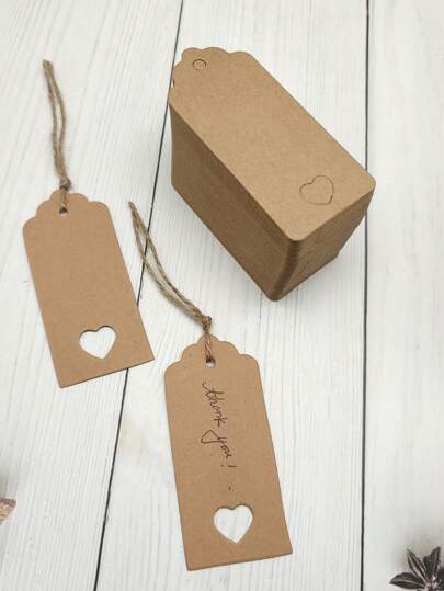 100 st etiketter + 20 m snöre Rektangulära, ihåliga hjärtformade tomma etiketter för presentinslagning, Alla hjärtans dag-presentkort