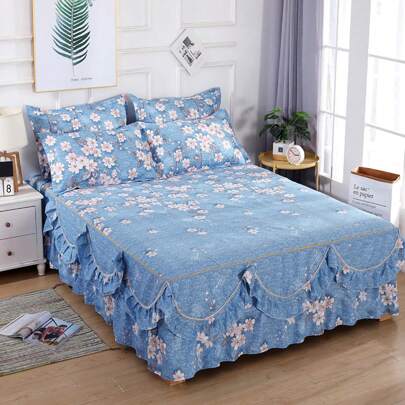 3pcs Scalloped Triangle Bed Skirt With 2 Pillowcases, Sweat-absorbent And Breathable, Thickened And Softened By Enzyme Wash, With Elastic Edge Wrap, Machine Washable And Suitable For Four Seasons, (1pc Bed Skirt, 2pcs Pillowcases), Suitable For Whole Family