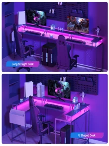 U Shaped Desk, Gaming Desk with Monitor Stand and LED Lights,Large Corner Office Table,79 Inch U Shaped Gaming Desk, Reversible L Shaped Computer Gaming Desk with Power Outlets (Black) - 黑色 - 查看 3