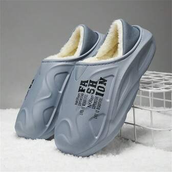 Men's Winter Warm Thermal Lined Slipper Waterproof Eva Molding Household Shoes, Easy To Wear, Suitable For Indoor And Outdoor