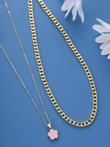 2pcs Simple & Fashionable Five-petal Flower Design Copper Necklace, Versatile Style For Date & Graduation Gift - Pink - View 2