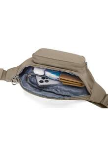 女用男士腰包,附 4 個拉鍊口袋,優質時尚腰包斜背腰包,適合健行、跑步、旅行、騎自行車和休閒 - 卡其色 - 查看 5