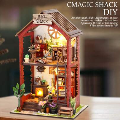 1 Set DIY Dollhouse Kit, Mini House Set With Furniture, 1:24 Scale, Creative 3D Wooden Puzzle Bookend Decor - Adult Bookshelf Set, Birthday Gift, Magic Bookstore With LED Lights, Requires 2 AA Batteries (Batteries Not Included)