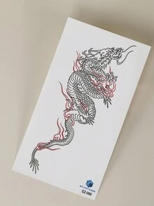 1 Pieza Tatuaje Temporal Para El Cuerpo Con Patrón De Dragón Y Flores Y Contorno Negro Y Rojo Para Brazo, Pecho, Abdomen Y Espalda - Multicolor - Ver 7