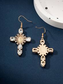 1對女性女士光環十足的鉆石鑲嵌十字形掛墜耳環,帶有瑪利亞聖母設計,適合日常穿著的朋克風格耳環 - 金黃色 - 查看 4