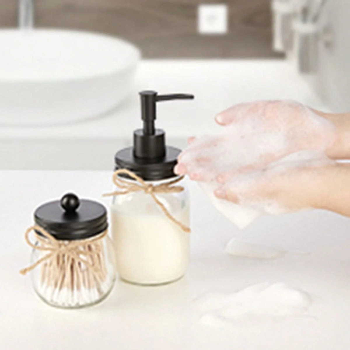 Set di 5 accessori da bagno in vetro, dispenser di sapone con dispenser di sapone, portasapone, porta spazzolino, contenitore di cotone, bicchieri