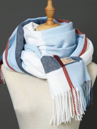 Street 1pc 200*70cm Classic Thickened Warm Shawl, Universal Style Plaid Patterned Air-Conditioned Room Super Large Size Scarf, Four-Season Elegant Headscarf, Multiple Colors: Blue, Coffee, Brown, Pink, Gray, Black, White, Red, New Arrival  Winter Fall