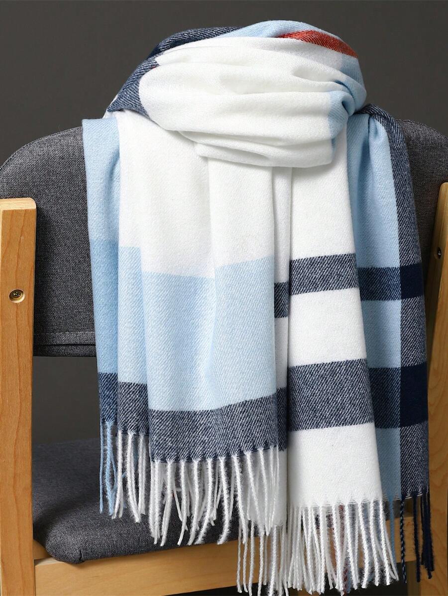 1 pieza Bufanda gruesa clásica de gran tamaño con estampado de cuadros, unisex, para habitación con aire acondicionado, cálida para las cuatro estaciones, chal grueso, pañuelo musulmán rectangular, nuevo estilo - Azul - Ver 1