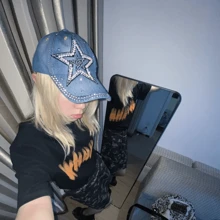 Mũ lưỡi trai phong cách Kpop Y2K màu xanh dương, mũ thời trang hip hop, quà tặng sinh nhật cho cặp đôi, mũ nữ, mũ lưỡi trai đính ngọc trai giả và đá ngôi sao. - Màu xanh lam - Xem 4