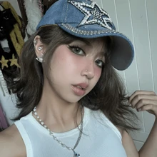 Mũ lưỡi trai phong cách Kpop Y2K màu xanh dương, mũ thời trang hip hop, quà tặng sinh nhật cho cặp đôi, mũ nữ, mũ lưỡi trai đính ngọc trai giả và đá ngôi sao. - Màu xanh lam - Xem 2