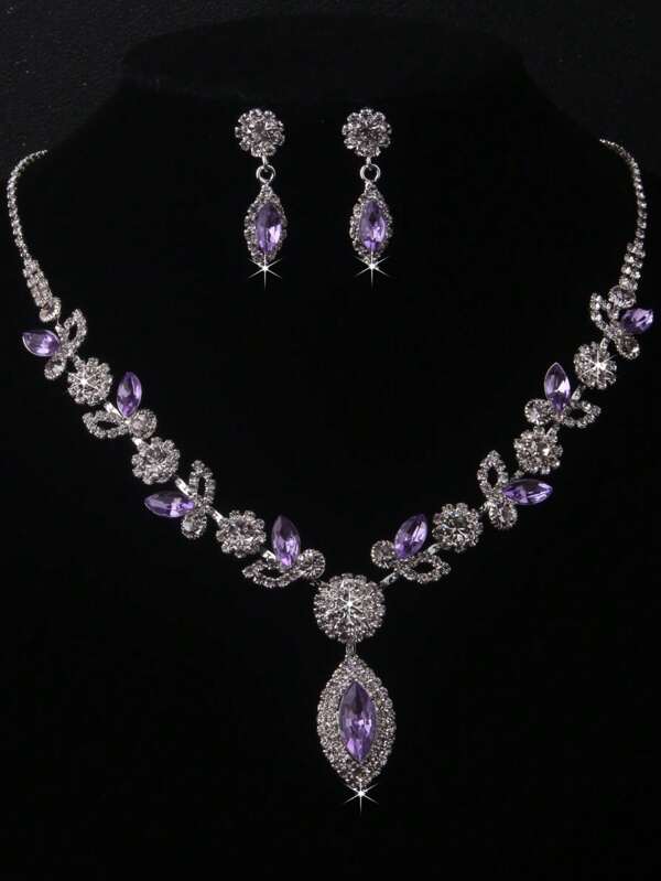 Purple High-End Bridal Jewelry Set, Including Full Drill Prongs Chain Necklace And Earrings With Rhinestones. Ideal For Women's Wedding Dress, Formal Dress Or Evening Gown Accessory, Stage Performance Costume Jewelry