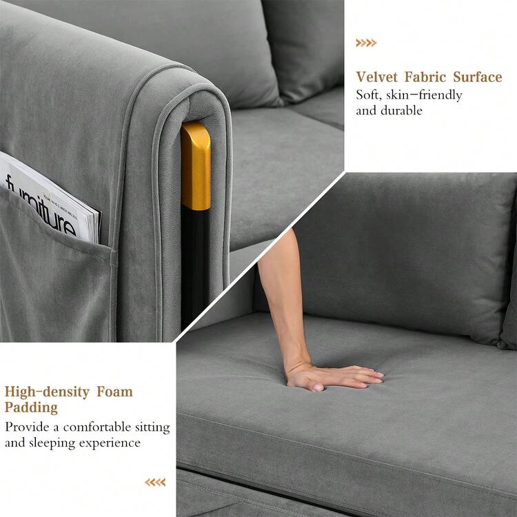 Convertible Sleeper Sofa Bed, Modern Velvet Loveseat Couch with Pull Out Bed, Small Love Seat Futon Sofa Bed with Headboard, 2 Pillows & Side Pockets for Living Room, 54” - Grey - View 3