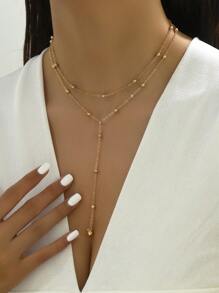 1條簡約雙層y型流蘇&金屬串珠吊墜項鍊,適合女性日常佩戴 - 金黃色 - 查看 3