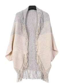 1pc Women's Oversized Batwing Cape With Fringe Scarf, Shawl, Cardigan Poncho, For Outdoor Activities And Parties In Fall And Winter - Beige - View 4