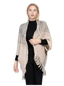1pc Women's Oversized Batwing Cape With Fringe Scarf, Shawl, Cardigan Poncho, For Outdoor Activities And Parties In Fall And Winter - Beige - View 1
