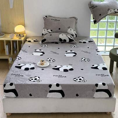 New Milk Velvet Fitted Sheet Flannel Mattress Cover Full-Wrapped Panda Cub Printed Bedding Cover Single Bed Size