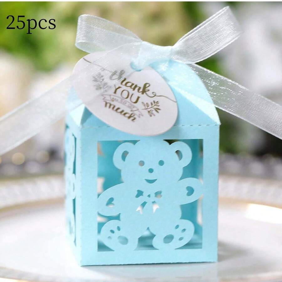 25 件/包可爱熊形设计礼品盒，带感谢标签和丝带，适合生日派对、节日、洗礼、客户答谢等场合批发