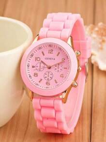 1pc Ladies' Casual & Simple Quartz Wristwatch With Pink Silicone Strap - Pink - View 1