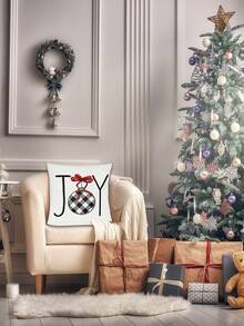 1入組聖誕格紋鈴鐺紅結印花枕套,聖誕家居裝飾必備 - 紅 JOY-1pc - 查看 4