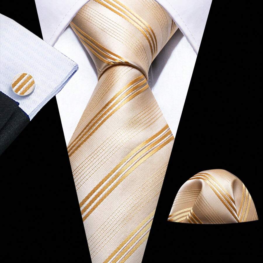 Men Ties Silk Men Tie Necktie Pocket Square Set Formal - Apricot - View 1