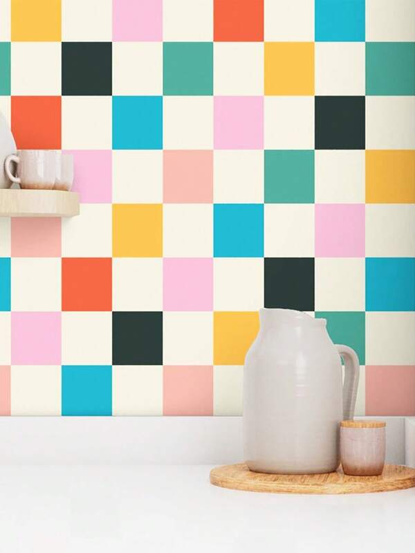 1pc Colorful Checkered Self-Adhesive Wallpaper, Vintage Simple Interior Decoration Wallpaper For Bedroom, Living Room, Kitchen, Desk, Wardrobe