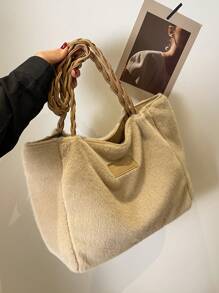 low tea 1pc Fall/winter Plush Large Capacity Shoulder Tote Bag, Perfect For Street Style - Khaki - View 1