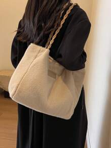 low tea 1pc Fall/winter Plush Large Capacity Shoulder Tote Bag, Perfect For Street Style - Khaki - View 3